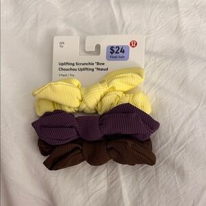 NWT, Lululemon Uplifting Bow Scrunchie Trio - Yellow, Purple, Brown